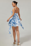 Tiered White Blue Flower A Line Cut Out Halter Printed Homecoming Dress