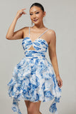 Tiered White Blue Flower A Line Cut Out Halter Printed Homecoming Dress