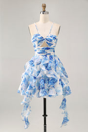 Tiered White Blue Flower A Line Cut Out Halter Printed Homecoming Dress