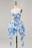 Tiered White Blue Flower A Line Cut Out Halter Printed Homecoming Dress