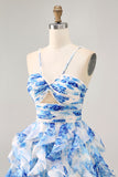 Tiered White Blue Flower A Line Cut Out Halter Printed Homecoming Dress