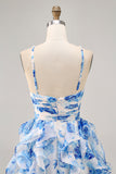 Tiered White Blue Flower A Line Cut Out Halter Printed Homecoming Dress