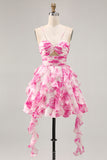 Tiered White Blue Flower A Line Cut Out Halter Printed Homecoming Dress
