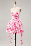 Tiered White Blue Flower A Line Cut Out Halter Printed Homecoming Dress