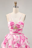 Tiered White Blue Flower A Line Cut Out Halter Printed Homecoming Dress