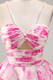 Tiered White Blue Flower A Line Cut Out Halter Printed Homecoming Dress