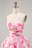 Tiered White Blue Flower A Line Cut Out Halter Printed Homecoming Dress