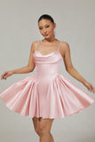 Blush Cowl Neck A-Line Spaghetti Straps Beaded Satin Homecoming Dress