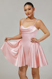 Blush Cowl Neck A-Line Spaghetti Straps Beaded Satin Homecoming Dress
