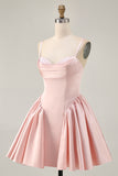 Blush Cowl Neck A-Line Spaghetti Straps Beaded Satin Homecoming Dress