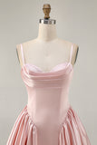 Blush Cowl Neck A-Line Spaghetti Straps Beaded Satin Homecoming Dress