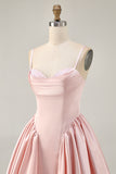 Blush Cowl Neck A-Line Spaghetti Straps Beaded Satin Homecoming Dress