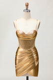 Metallic Satin Ruched Golden Bodycon Corset Homecoming Dress with Beading
