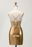 Metallic Satin Ruched Golden Bodycon Corset Homecoming Dress with Beading