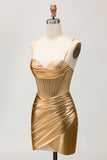 Metallic Satin Ruched Golden Bodycon Corset Homecoming Dress with Beading