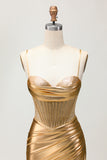 Metallic Satin Ruched Golden Bodycon Corset Homecoming Dress with Beading