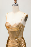 Metallic Satin Ruched Golden Bodycon Corset Homecoming Dress with Beading