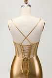 Metallic Satin Ruched Golden Bodycon Corset Homecoming Dress with Beading