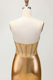 Sparkly Golden Strapless Corset Tight Short Homecoming Dress with Beading