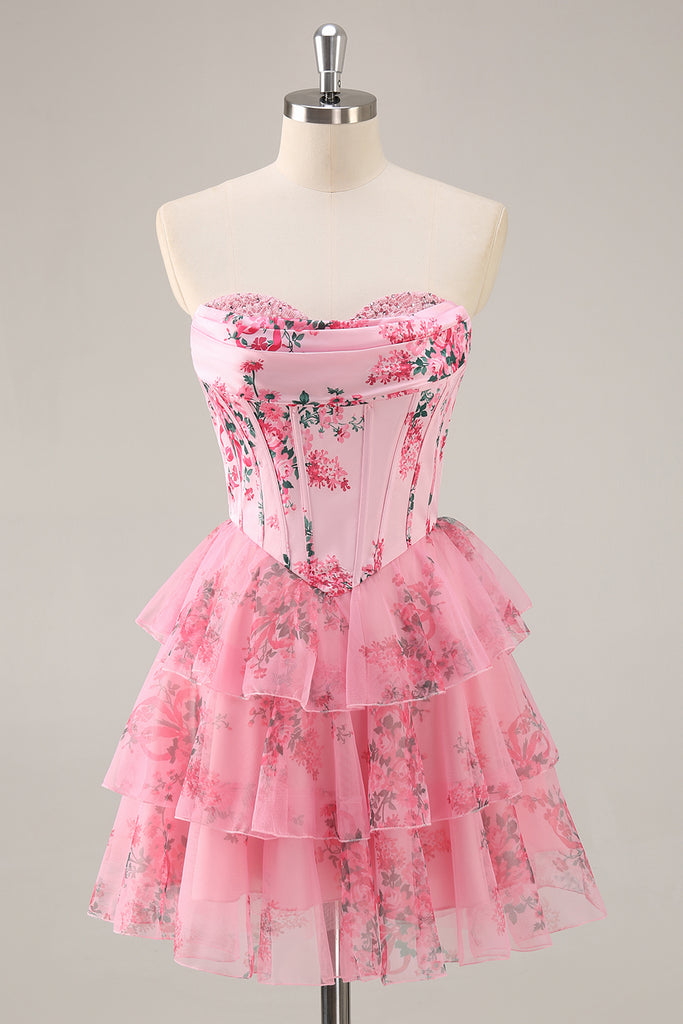 A-Line Cowl Neck Tiered Strapless Floral Print Corset Homecoming Dress