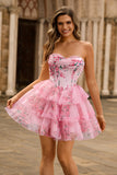 A-Line Strapless Corset Tiered Pink Flower Short Homecoming Dress