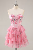 A-Line Strapless Corset Tiered Pink Flower Short Homecoming Dress