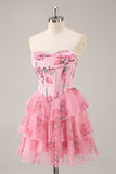 White Blue Flower A-Line Cowl Neck Corset Tiered Strapless Mini Homecoming Dress