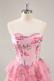 A-Line Strapless Corset Tiered Pink Flower Short Homecoming Dress