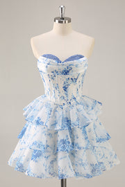 White Blue Flower A-Line Corset Tiered Mini Homecoming Dress