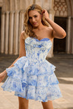 White Blue Flower A-Line Corset Tiered Mini Homecoming Dress