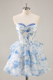 White Blue Flower A-Line Corset Tiered Mini Homecoming Dress