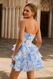 White Blue Flower A-Line Corset Tiered Mini Homecoming Dress