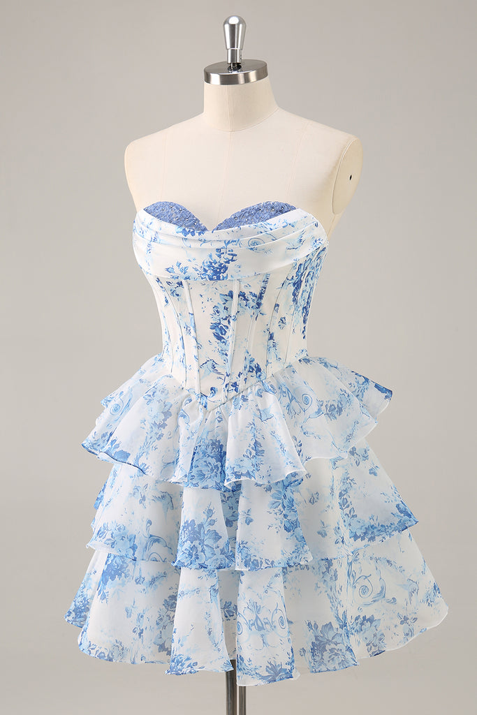 White Blue Flower Corset A-Line Tulle Spaghetti Straps Midi Dress