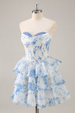 White Blue Flower A-Line Corset Tiered Mini Homecoming Dress