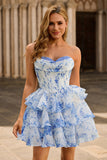 White Blue Flower A-Line Corset Tiered Strapless Short Homecoming Dress
