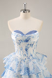 White Blue Flower A-Line Corset Tiered Mini Homecoming Dress