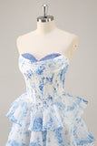 White Blue Flower A-Line Corset Tiered Mini Homecoming Dress
