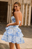 White Blue Flower A-Line Corset Tiered Strapless Short Homecoming Dress