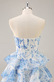 White Blue Flower A-Line Corset Tiered Mini Homecoming Dress