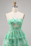 Green Floral Tiered Keyhole A Line Short Homecoming Dress