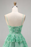 Green Floral Tiered Keyhole A Line Short Homecoming Dress