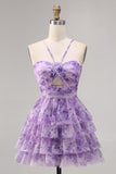 Purple A-line Spaghetti Straps Tiered Cut Out Floral Short Homecoming Dress