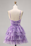 Green Floral Tiered Keyhole A Line Short Homecoming Dress