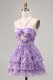 Green Floral Tiered Keyhole A Line Short Homecoming Dress