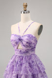 Green Floral Tiered Keyhole A Line Short Homecoming Dress