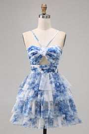White Blue Flower A-line Tiered Cut Out Short Homecoming Dress