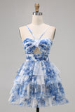 Green Floral Tiered Keyhole A Line Short Homecoming Dress
