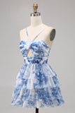 Green Floral Tiered Keyhole A Line Short Homecoming Dress