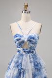 Green Floral Tiered Keyhole A Line Short Homecoming Dress