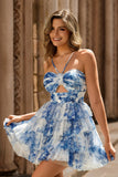 White Blue Flower A-line Tiered Cut Out Short Homecoming Dress